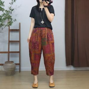 Square Patchwork Printed Cotton Linen Carrot Pants