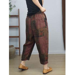 Square Patchwork Printed Cotton Linen Carrot Pants