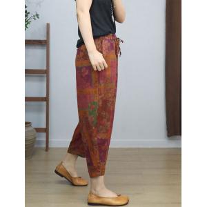 Square Patchwork Printed Cotton Linen Carrot Pants