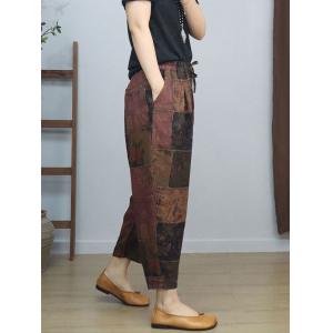 Square Patchwork Printed Cotton Linen Carrot Pants