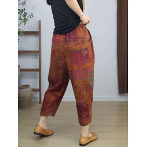 Square Patchwork Printed Cotton Linen Carrot Pants