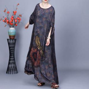 Big Flowers Patchwork Silk Maxi Loose Dress