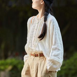 Classic Beige Linen Peasant Blouse