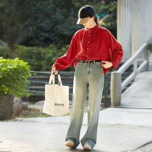 Ruffled Collar Plain Long Sleeve Flax Shirt