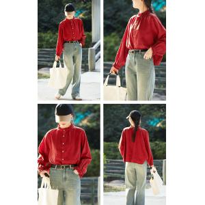 Ruffled Collar Plain Long Sleeve Flax Shirt