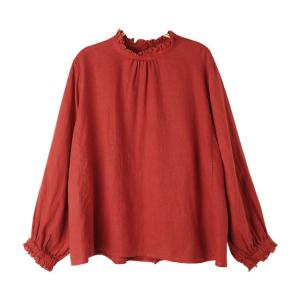 Ruffled Collar Plain Long Sleeve Flax Shirt