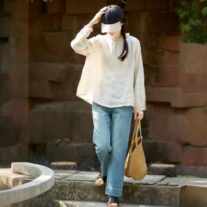 Stand Collar Oversized Linen Blouse for Women