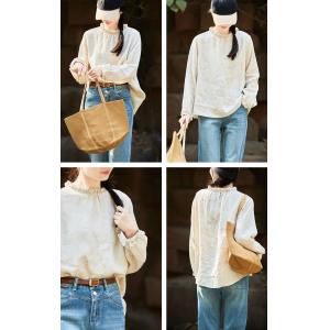 Stand Collar Oversized Linen Blouse for Women