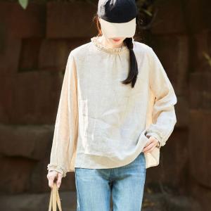 Stand Collar Oversized Linen Blouse for Women