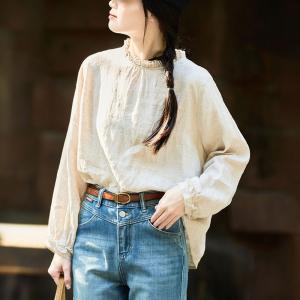 Stand Collar Oversized Linen Blouse for Women