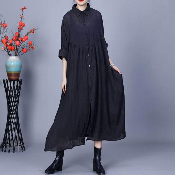 Cotton Linen Sheer Black Midi Shirt Dress