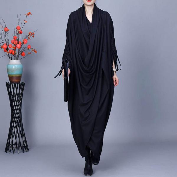 Tied Sleeves Draped Collar Black Modest Dress