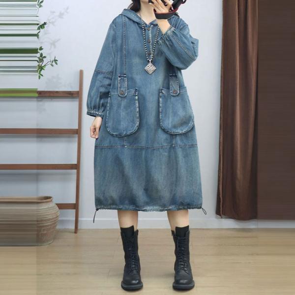 Front Pockets Midi Denim Hooded Cargo Dress