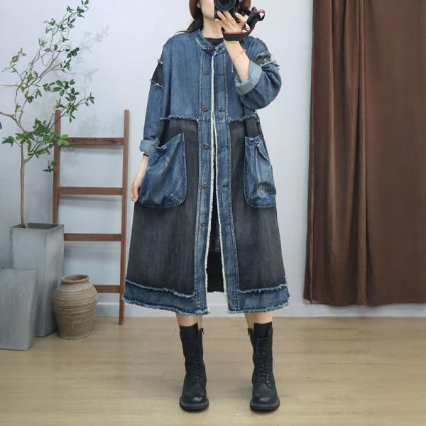 Black and Blue Button Down Fringed Jean Jacket Coat