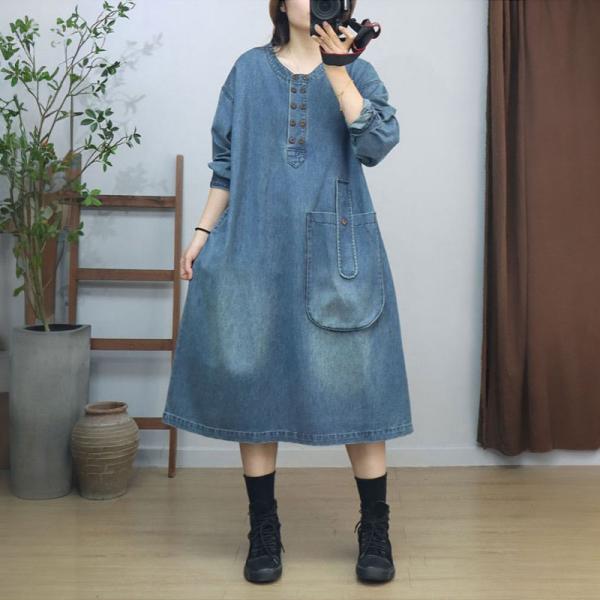 Y-Neck Original Pocket Loose Midi Jean Dress