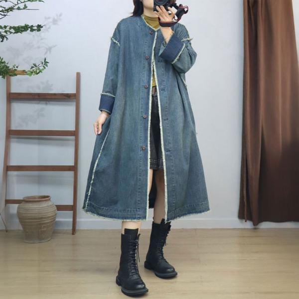 Raw Hem Fringed Long Sleeve  Midi Denim Coat