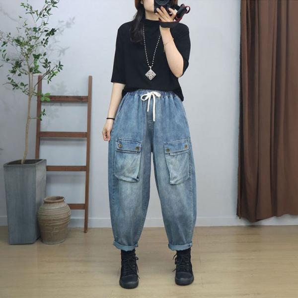 Flap Pocket Drawstring Waist Baggy Boyfriend Jeans