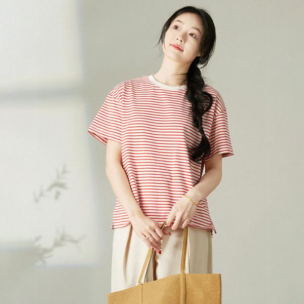 Embroidery Minimalist Cotton Short Sleeves Striped T-shirt
