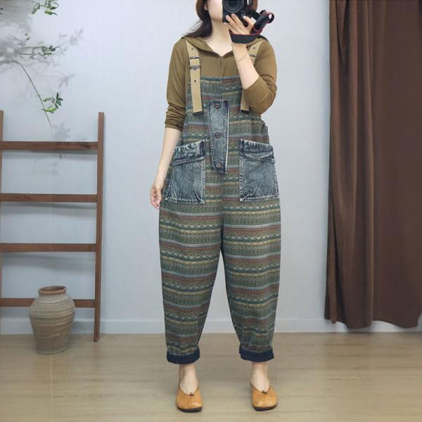 Denim Pocket Colorful Printed Adjustable Straps Overalls