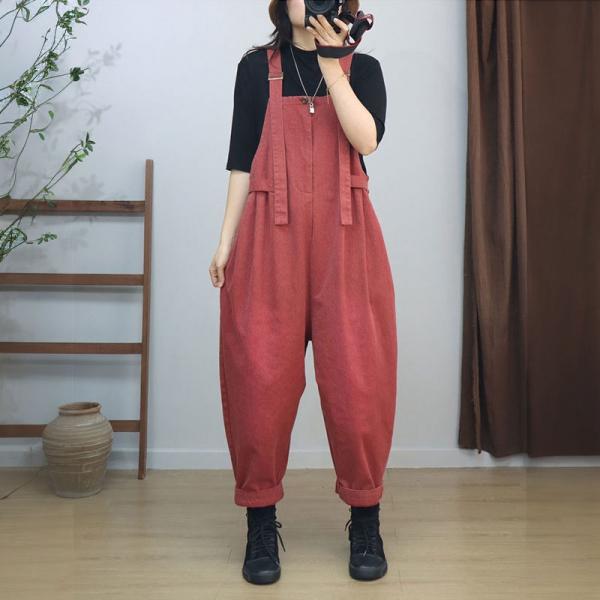 Casual Style High Waist Plain Cotton Dungarees