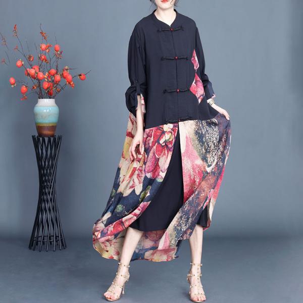 Chinese Pankou Colorful Flowers Eastern Slit Dress