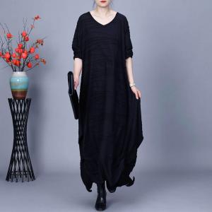 V-Neck Flouncing Cotton Pleated Dress