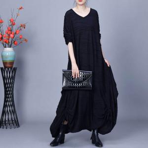 V-Neck Flouncing Cotton Pleated Dress