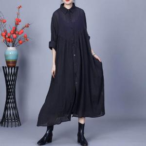 Cotton Linen Sheer Black Midi Shirt Dress