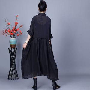 Cotton Linen Sheer Black Midi Shirt Dress