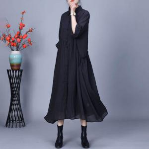 Cotton Linen Sheer Black Midi Shirt Dress