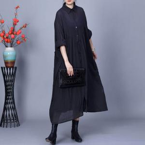 Cotton Linen Sheer Black Midi Shirt Dress