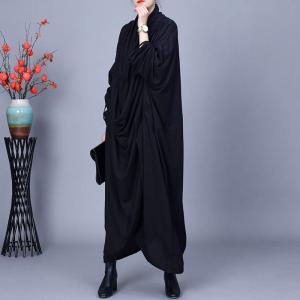 Tied Sleeves Draped Collar Black Modest Dress