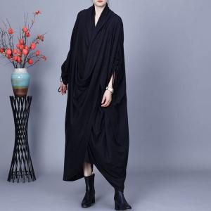 Tied Sleeves Draped Collar Black Modest Dress