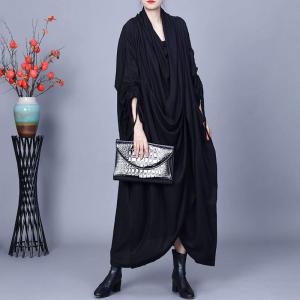 Tied Sleeves Draped Collar Black Modest Dress