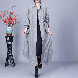 Vertical Pinstriped Light Gray Cotton Linen Polo Dress