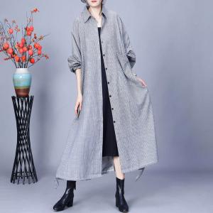 Vertical Pinstriped Light Gray Cotton Linen Polo Dress