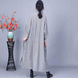 Vertical Pinstriped Light Gray Cotton Linen Polo Dress