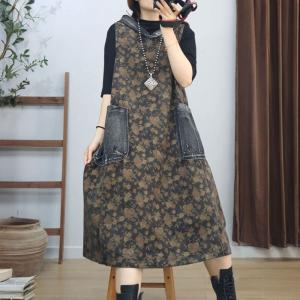 Denim Pocket Sleeveless Floral Hooded Dress