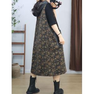 Denim Pocket Sleeveless Floral Hooded Dress