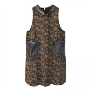 Denim Pocket Sleeveless Floral Hooded Dress