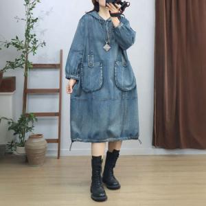 Front Pockets Midi Denim Hooded Cargo Dress