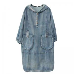 Front Pockets Midi Denim Hooded Cargo Dress