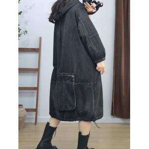 Front Pockets Midi Denim Hooded Cargo Dress