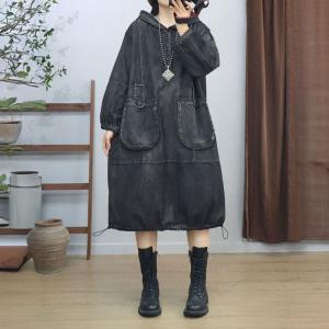 Front Pockets Midi Denim Hooded Cargo Dress