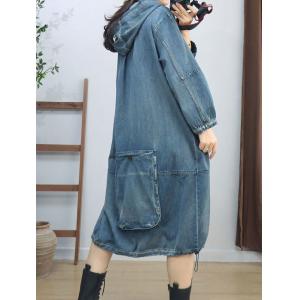 Front Pockets Midi Denim Hooded Cargo Dress