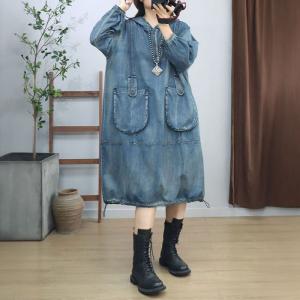 Front Pockets Midi Denim Hooded Cargo Dress