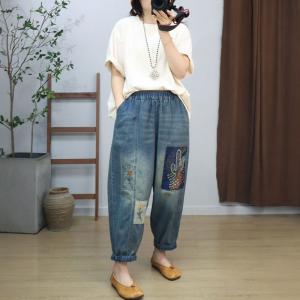 Cactus and Flowers Baggy Embroidery Jeans