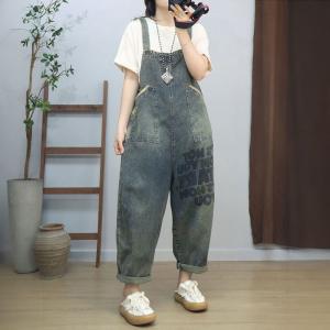 Letter Prints Casual Denim Gardening Overalls