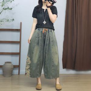 Floral Embroidery Patchwork Wide Leg Jeans
