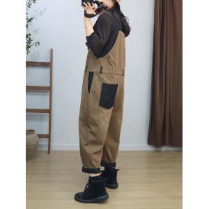 High Waist Loose Cotton Plain Bib Overalls